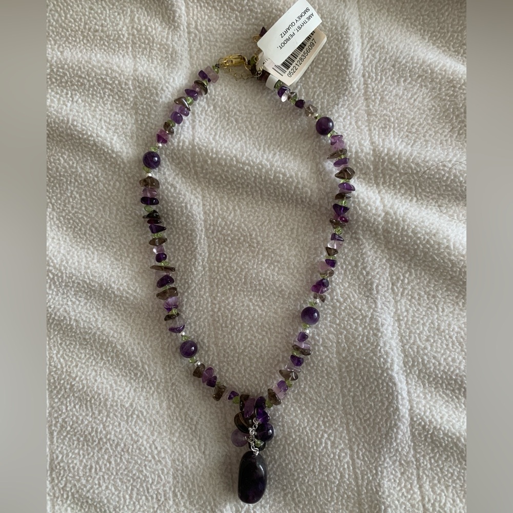 NWT Genuine Amethyst, Peridot, Smokey Quartz Gemstone 16" Necklace
